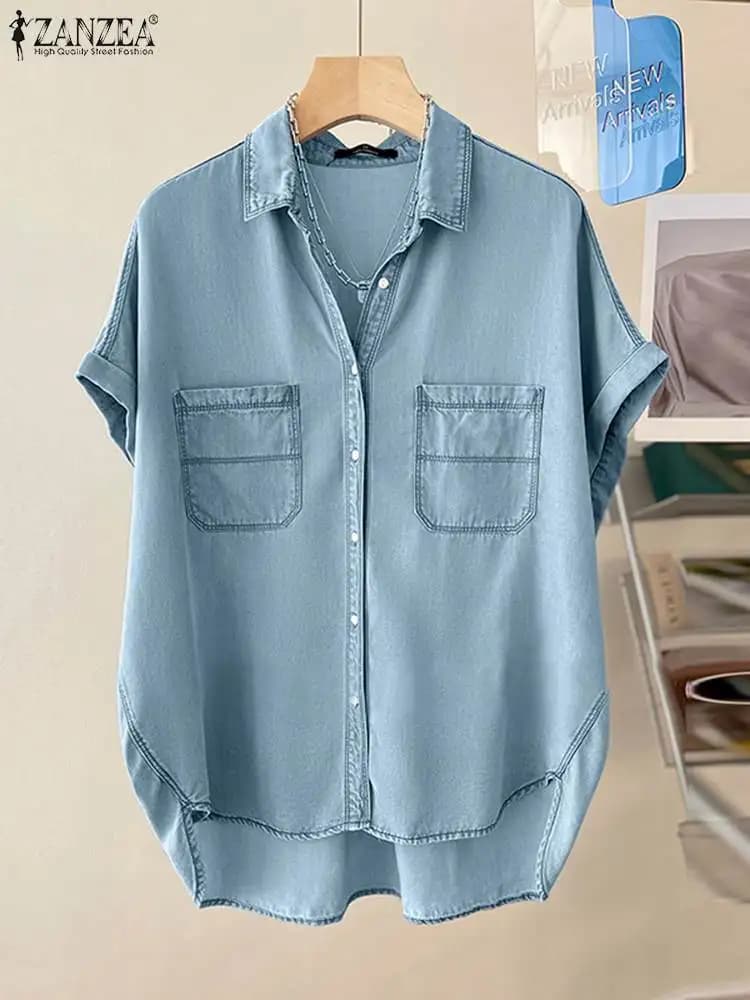 ZANZEA 2025 Elegant Short Sleeve Demin Blue Blouse Women Casual Solid Loose Tops Tees Summer Button Up Lapel Oversized Blusas
