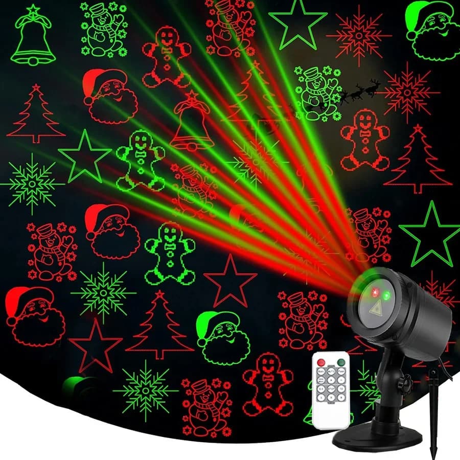 Christmas Laser Projector Lights 12 Patterns LED Projection Lights with Remote Red Green Star Show Landscape Projector Spotlight