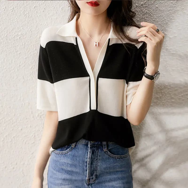 Temperament Sweet SummerT-Shirts Women's POLO Collar Striped Contrast Color Patchwork Fashion Casual Loose Short Sleeve Knit Top