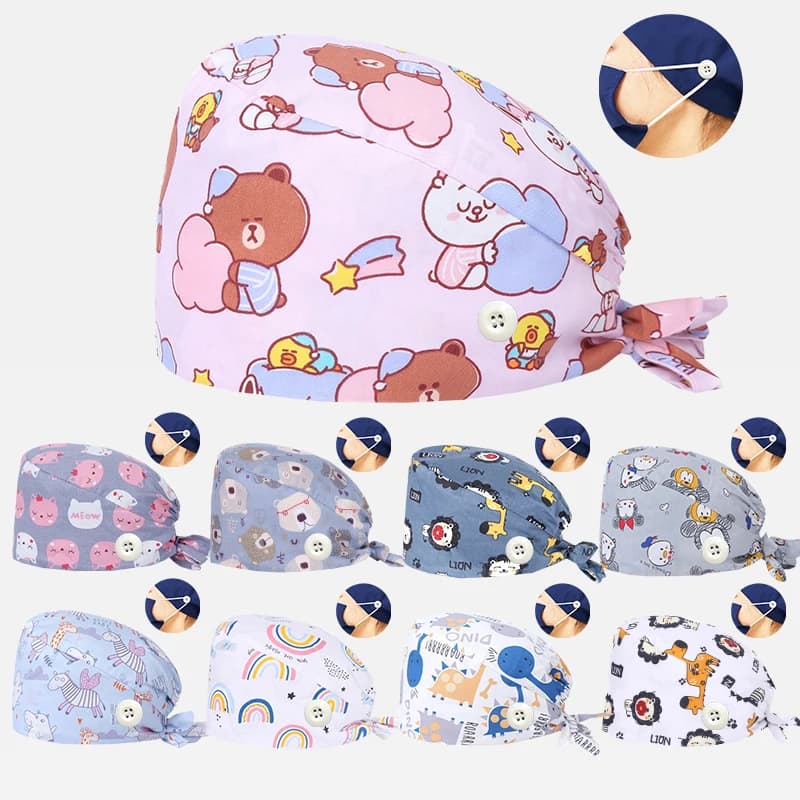 Bear Unisex Scrub Caps Print Nurse Surgical Hats Sweat-absorbent Cotton Pet Doctor Lab Print Scrub Hat Wholesale M878