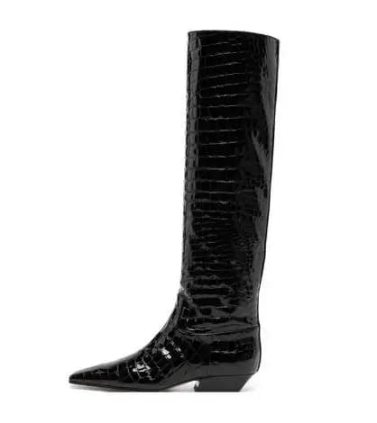 Fall Women Black Burgundy Crocodile Patterned Patent Leather Small Square Toe Flat Tube Slip On Knee High Boots Long Botas Shoes