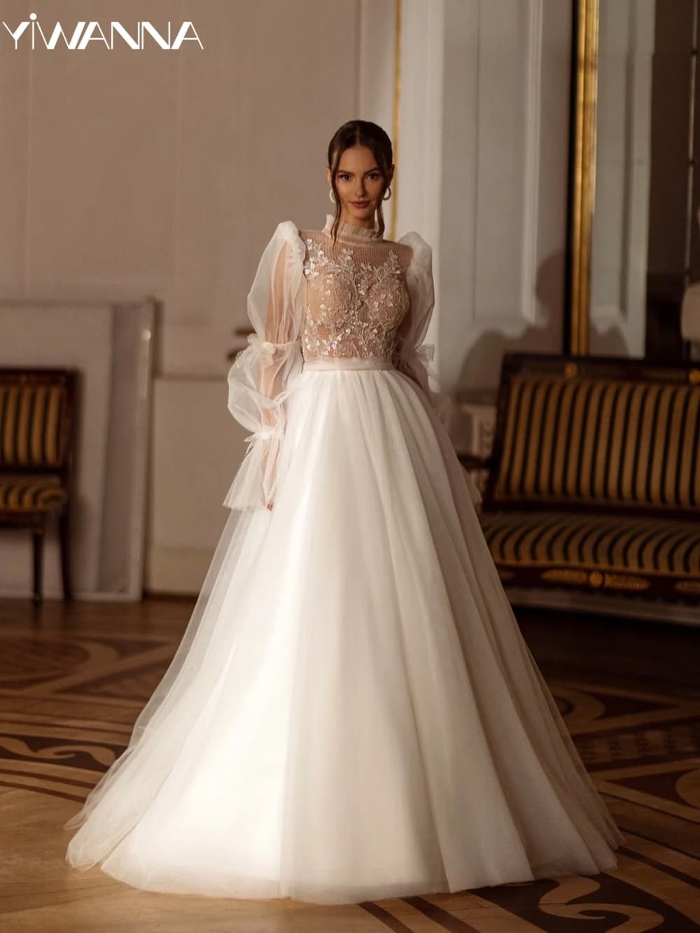 Shiny High Collar Long Sleeve Wedding Dress Sequined Beads Bride Robe Graceful Appliques Bridal Gown Customized Robe De Mariée