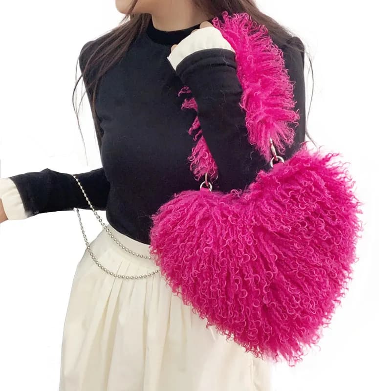 Faux Natural Fur-Ever Mongolian Furry Fur Heart Shape Oversized Tote Bags For Women Handbags With Long Shoulder Fur Straps