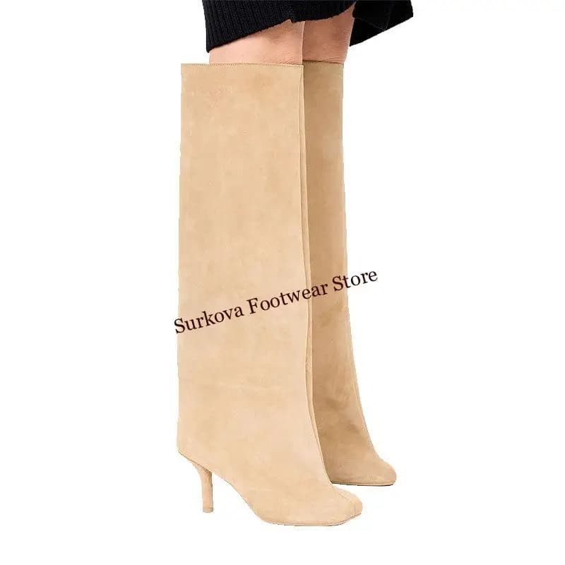 European Stylish High-Heeled Square Toe Knee Boots Retro Suede Loose Straight Cross-Border Knight Boots Size44 Fall Winter Shoes