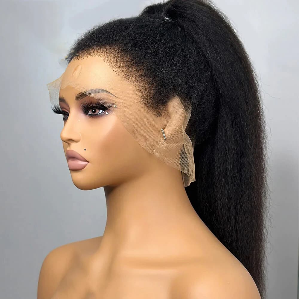 Natural Black Soft 26 Inch Long Glueless Yaki 200Density Kinky Straight Deep Lace Front Wig For Women Babyhair Preplucked Daily