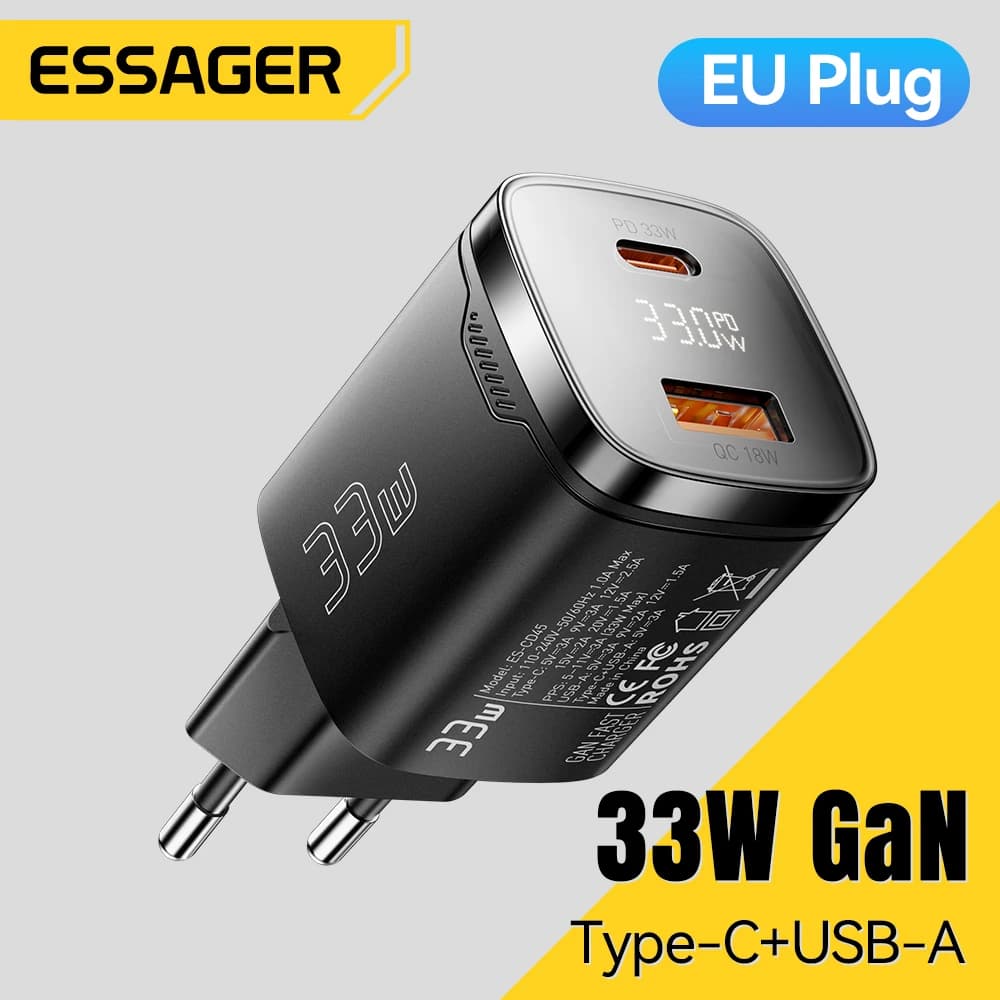 Essager 33W GaN USB C Charger Digital Display PD Fast Charging For iPhone 16 15 Max Pro iPad For Xiaomi Poco Samsung Charger Es