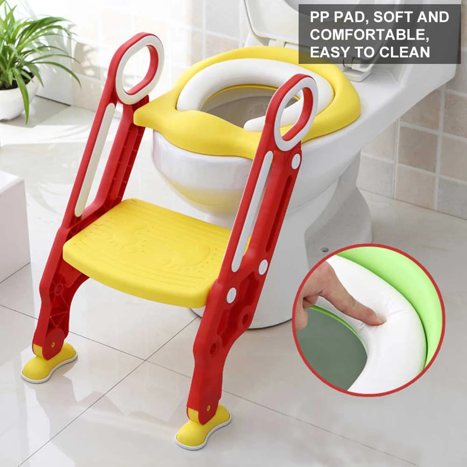 Baby Toddler Soft Toilet Chair Ladder Adjustable Safety Potty Training Seat (Red Yellow)