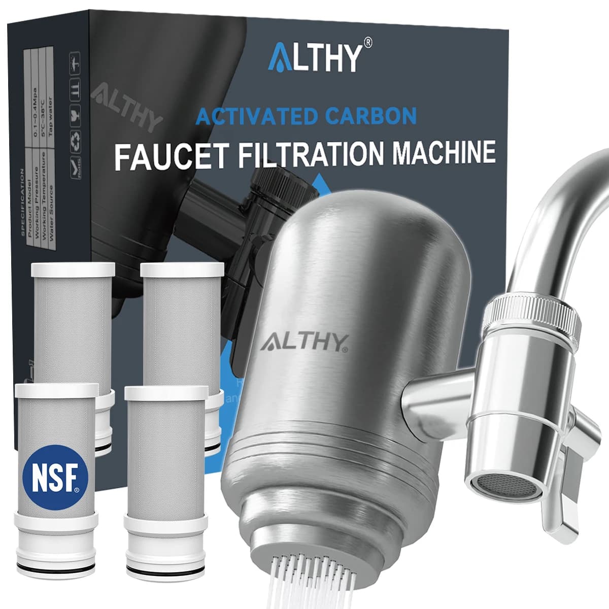 ALTHY Stainless Steel Faucet Tap Water Filter Purifier System, NSF Certified Reduces Lead, Chlorine & Bad Taste Kitchen