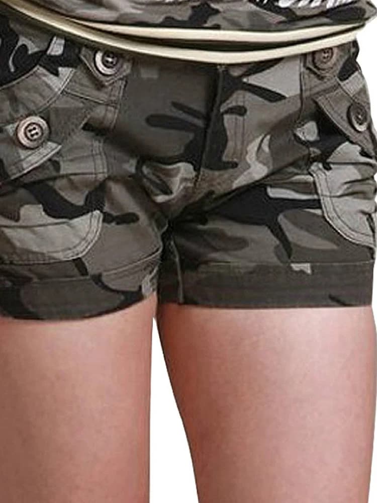 Vangull Women High Waist  Fit Military Shorts Summer Camouflage Shorts  Lady Zipper Pocket Mini Overalls Combat Cargo Shorts