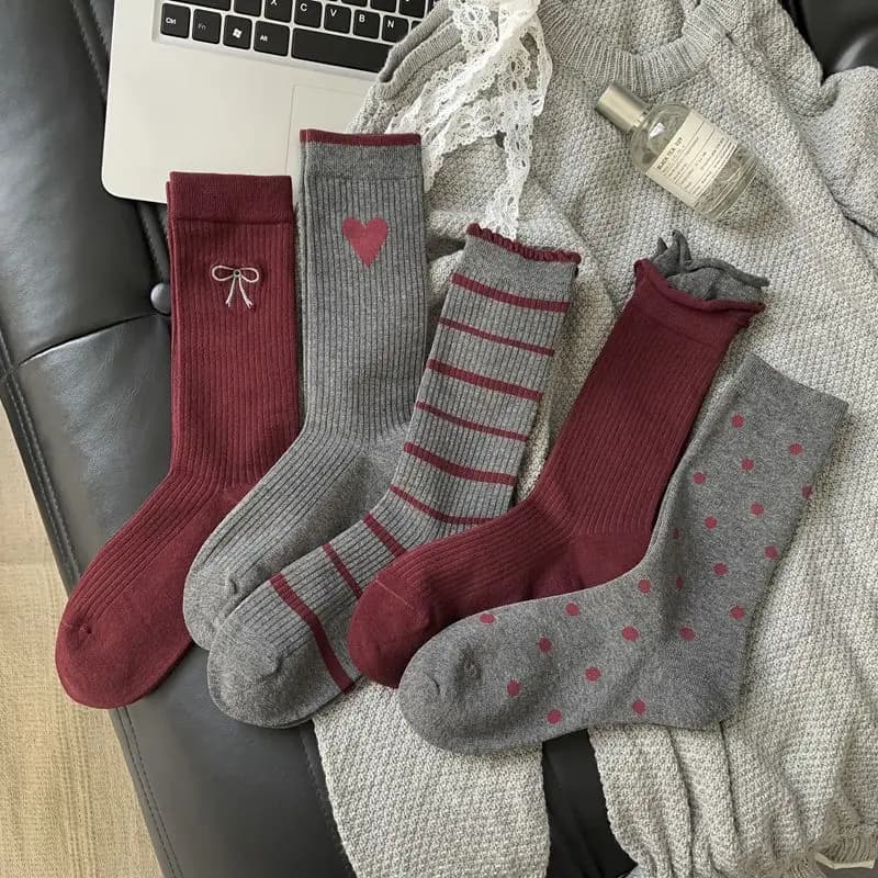Ankora Red Middle Tube Designer Socks Cotton Stripe Lovers Harajuku Kawaii Socks Bowknot Gray Spot Women Socks