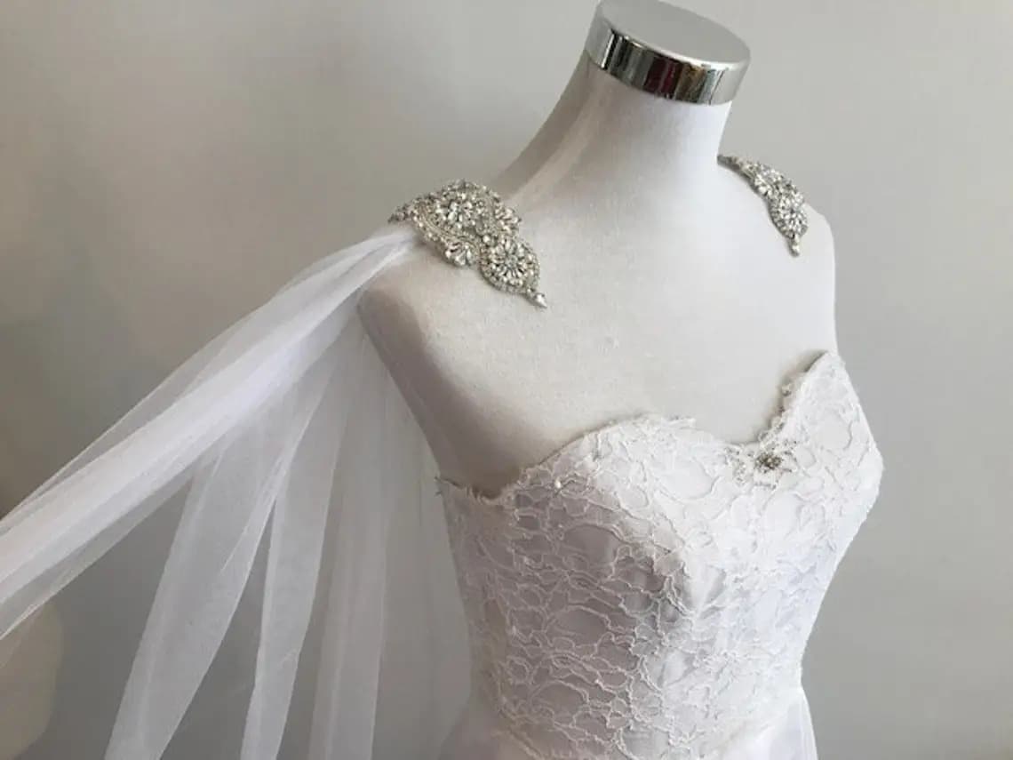 Cape Veil with Rhinestone Appliques on the Shoulder, Bridal Veil, White , Ivory and Off-White, 106 "W X 120" (3 Meter) Long