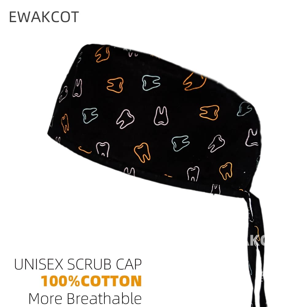 Unisex Dental Scrub cap Female male Colorful Teeth printed Cotton Breathable Dentist Working Hats Dentistry Clinic Surgical Caps