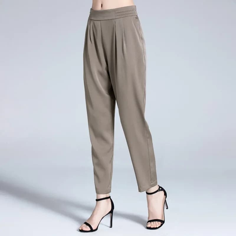 Birdsky, 1PC Women trousers pants harem pencil pant high waist 95% real mulberry silk 5% spandex solid 2 colors, S-963