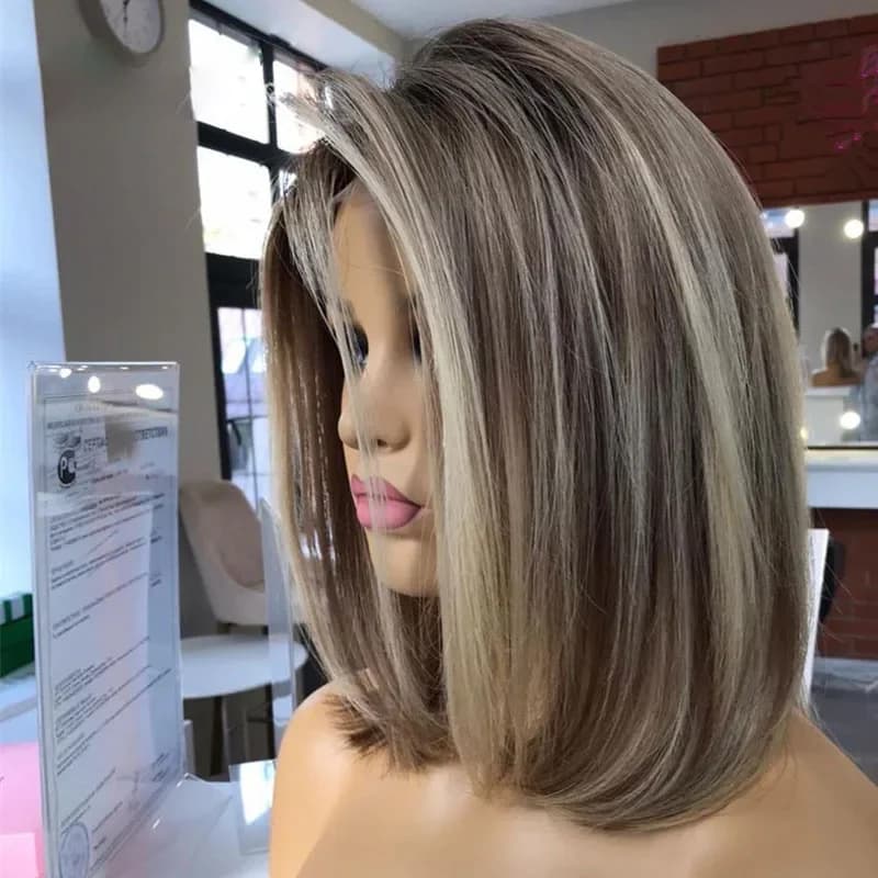 Soft Preplucked Short Bob Glueless 180Density Silk Straight Highlight Blonde Lace Front Wig Baby Hair Heat Resistant