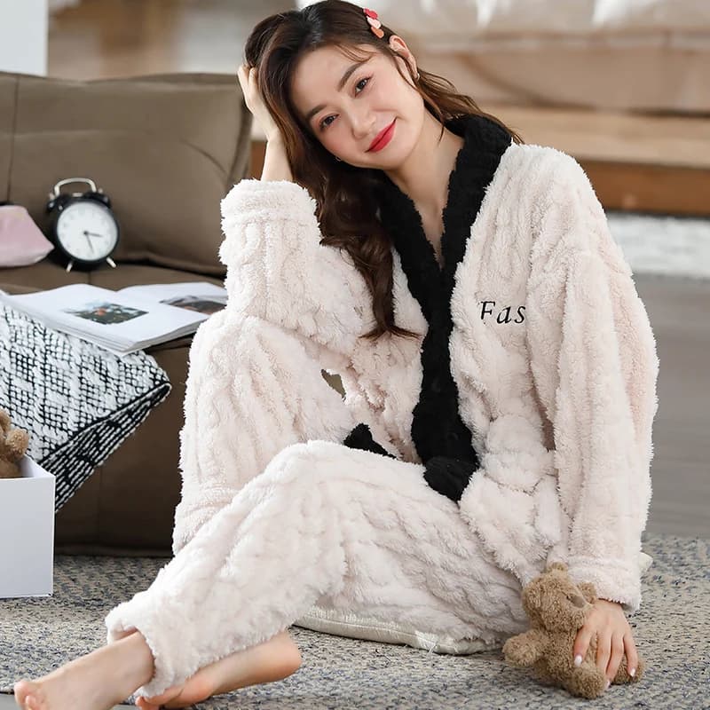 Korean Fashion Winter Coral Fleece Nightwear for Women V Neck Kimono Sleepwear 2Pcs/set Pajamas Young Girl Loungewear Mujer