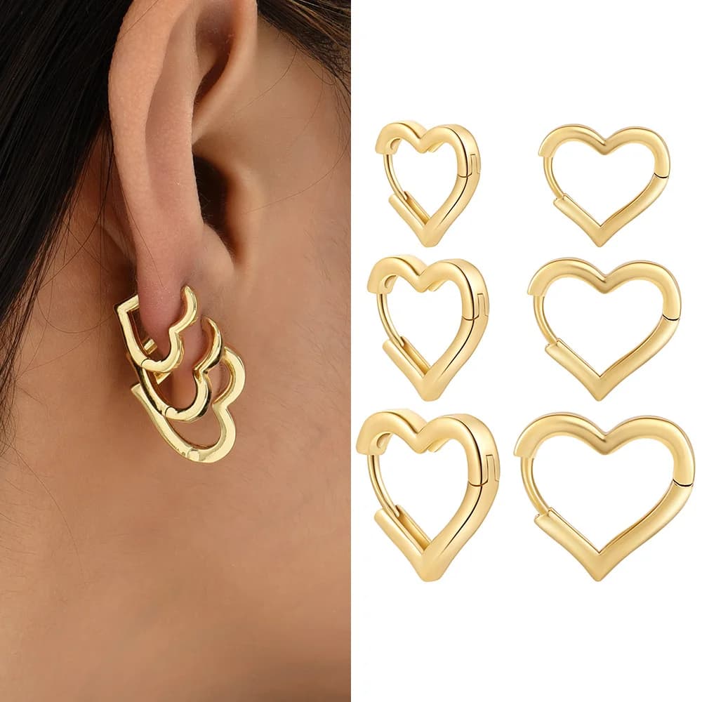 3 Sizes Cute Love Heart Huggies Hoop Earrings for Women Fashion Gold Color Hollowed Circle Piercing Earring Polished Ear Buckles