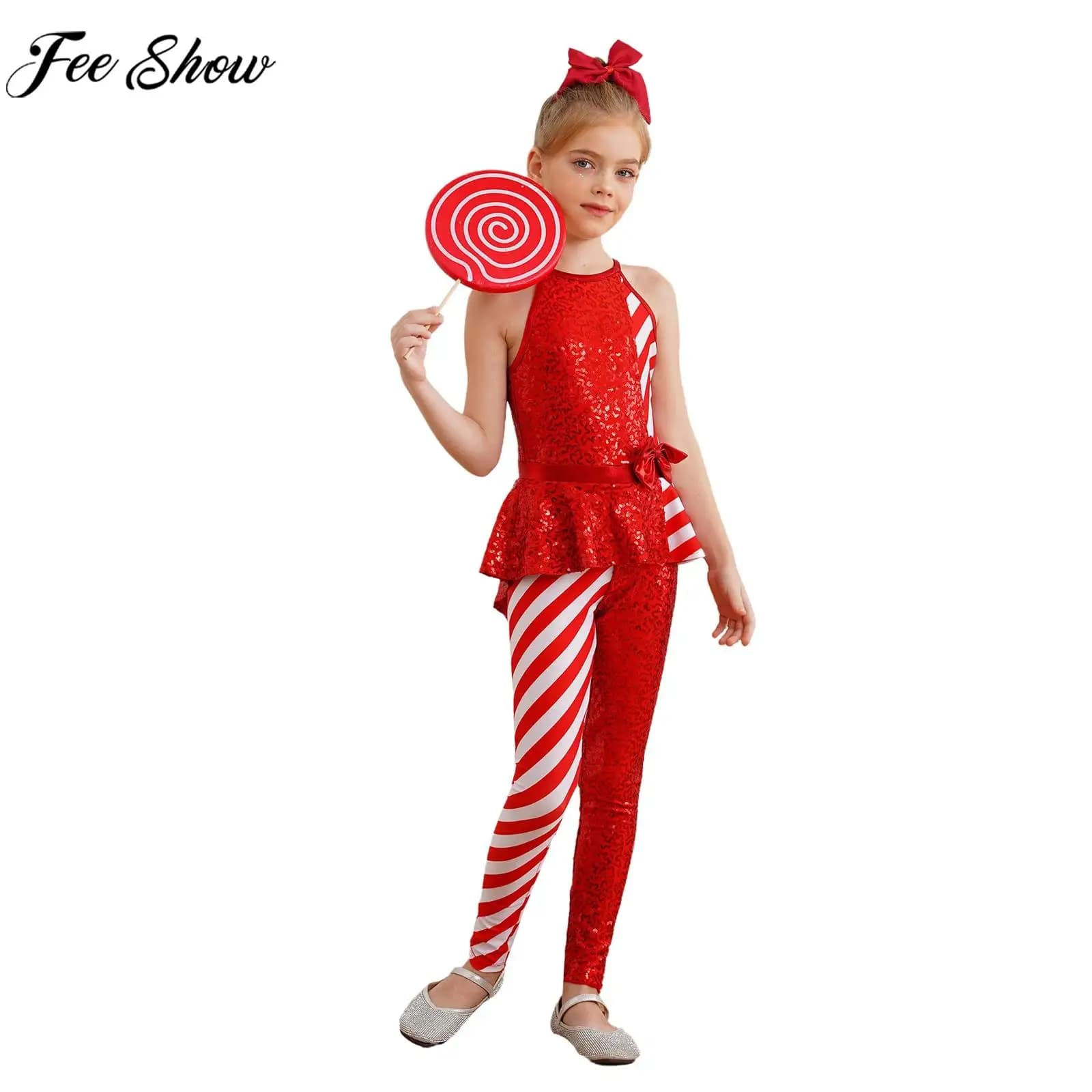 Girls Christmas New Year Party Bodysuit Sleeveless Sequin Striped Candy Cane Jumpsuit Ballet Dance Gymnastics Skating Leotard