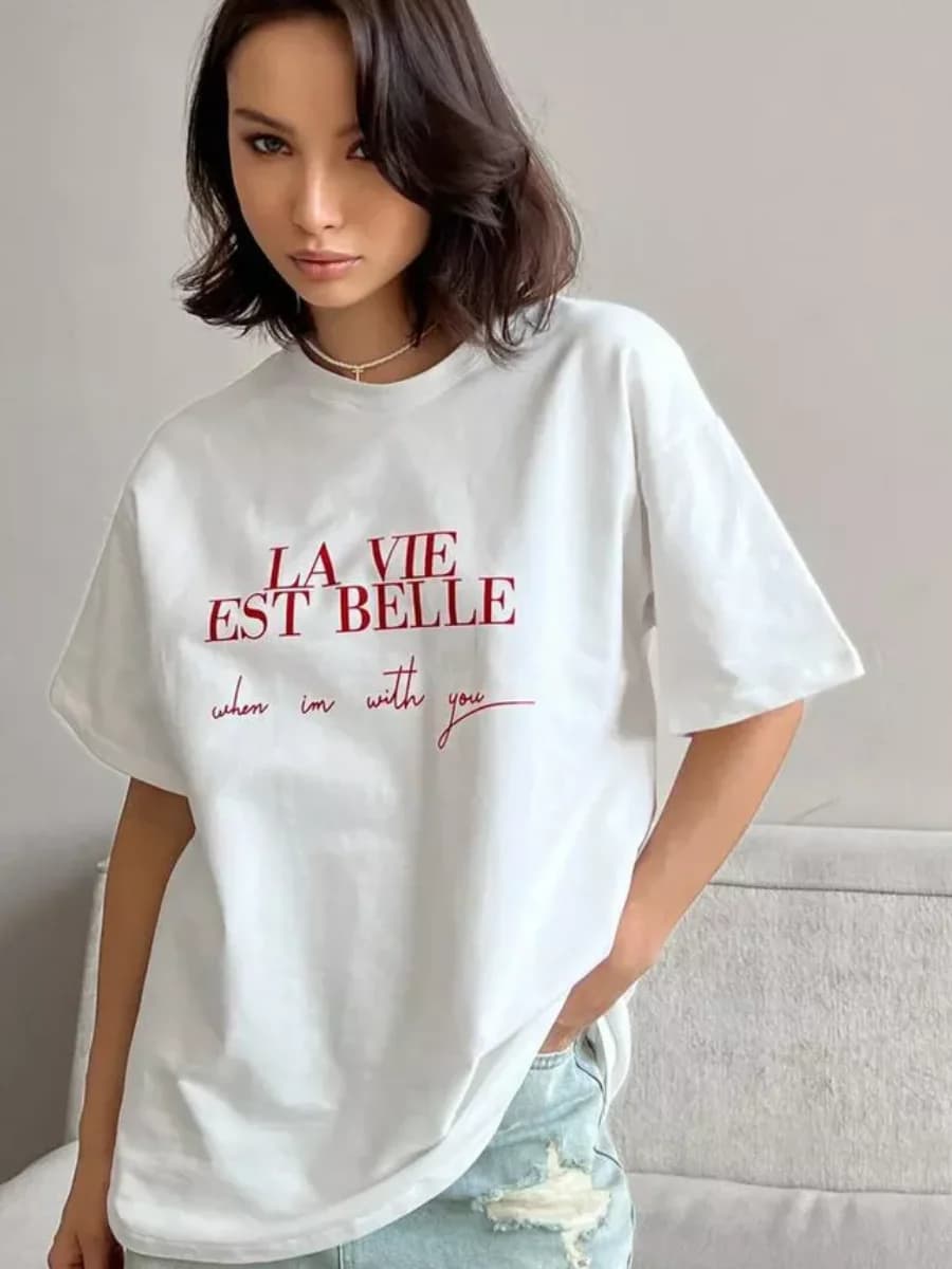 Summer American Ins Mid-length Temperament Printed T-shirt Street Personality Women's Letters Versatile Cotton Short-sleeved Top