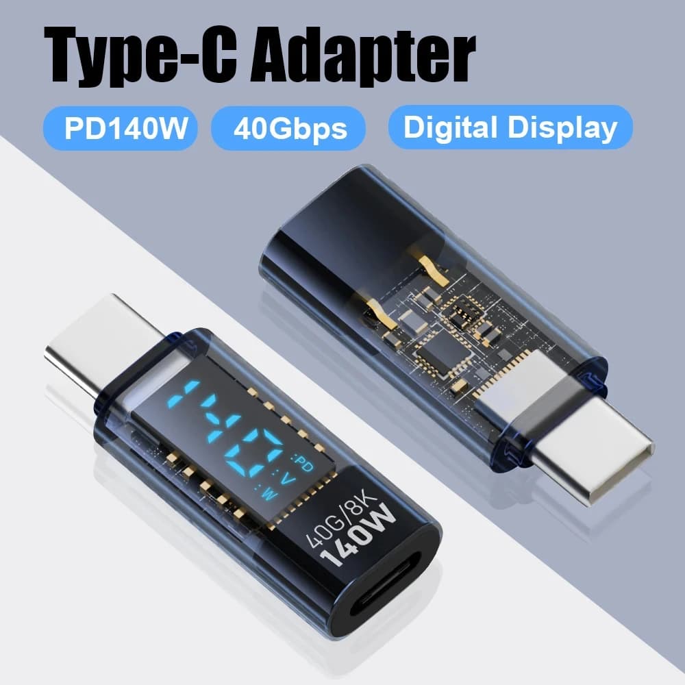 USB-C Adapter with LED Display PD 140W USB Type C Male to Female Connector for iPhone 15 Series iPad Air/Pro MacBook