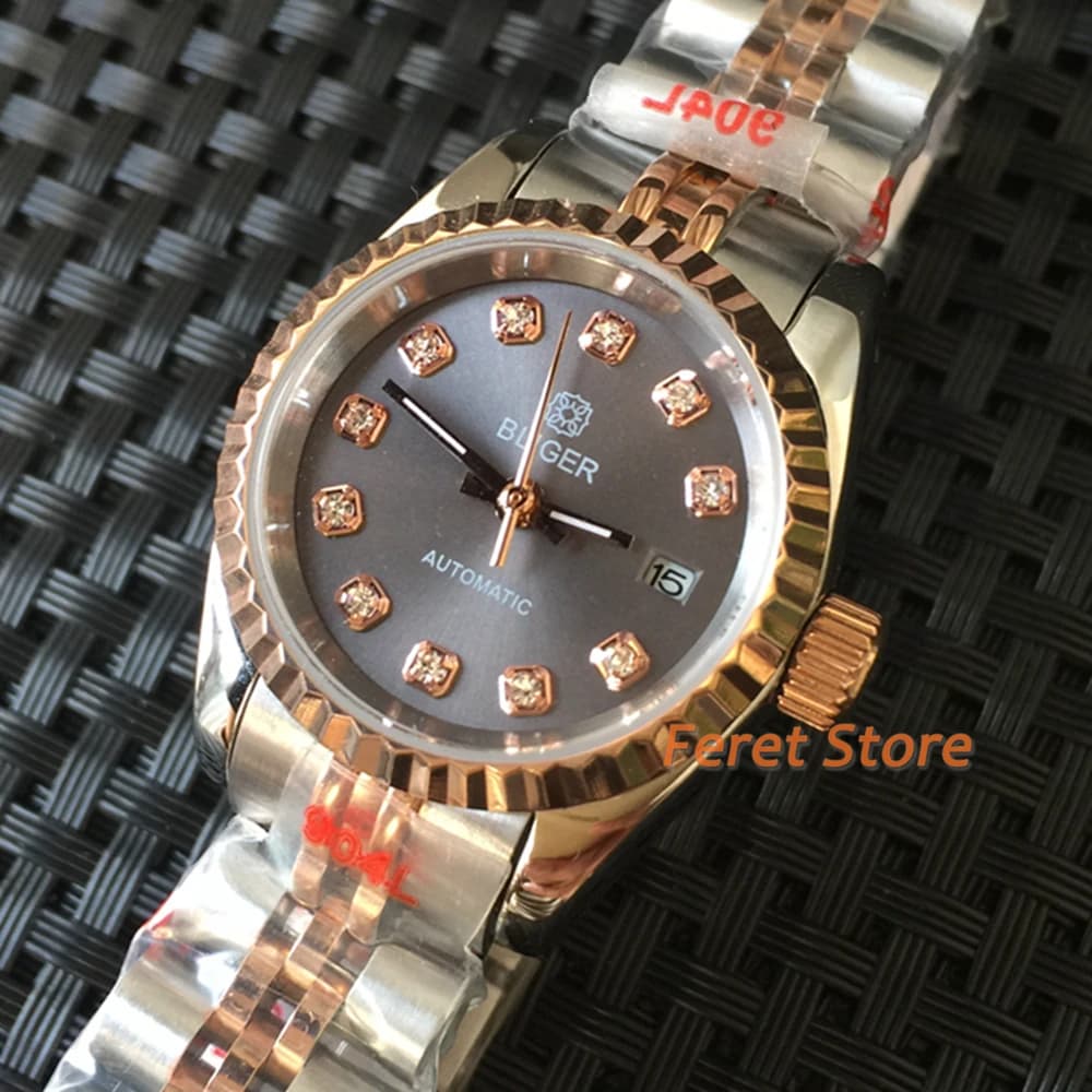 Japan NH05A Automatic Women Watch Sapphire Glass Grey Dial Rose gold Steel Bracelet  26mm BLIGER Ladies Watc