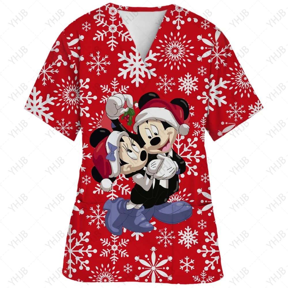 Christmas Minnie Mouse T-shirts V Neck Woman Clothes Hospital Tops Disney Top Women 2023 Nurse Uniform T-shirt Pocket Summer Tee