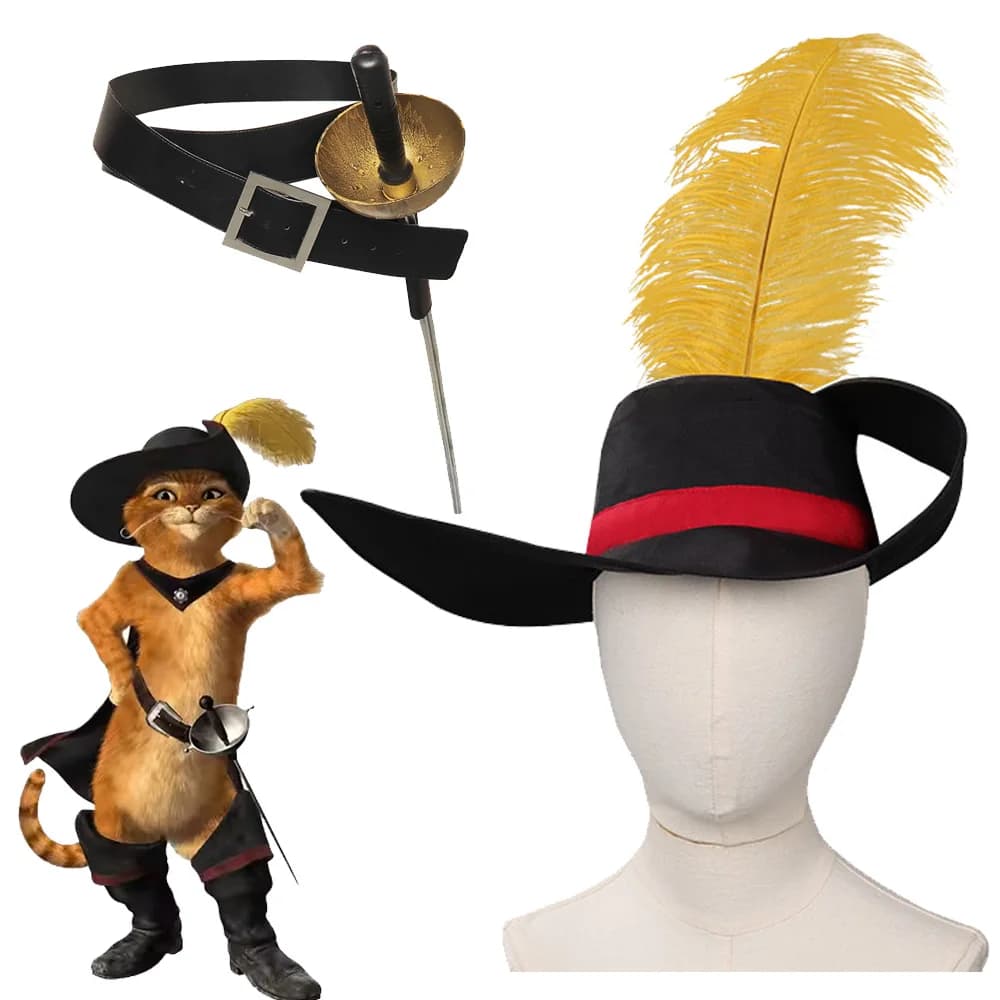 Cat Cosplay Hat Belt Sword Movie Puss Cosplay In Boots Kids Adult Cap With Feather Halloween Carnival Party Costume Accessories