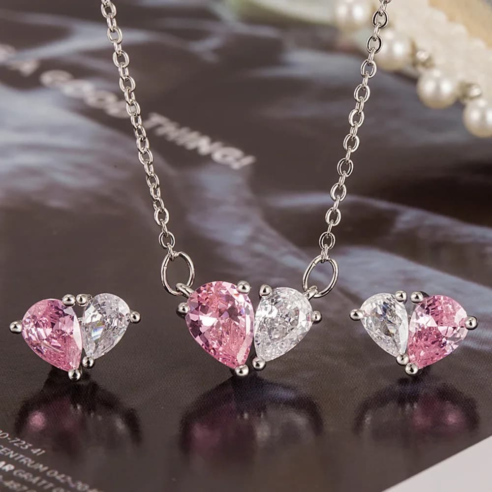 PABEYN 925 Sterling Silver Love Necklace Earrings Jewelry Set Pink Zircon Design High-end Luxury Wedding gift For Women