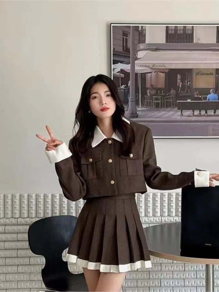 Korea Chic 2 Piece Set Women Autumn Winter Fashion Turn-Down Collar Single Breasted Short Top High Waist Pleated Skirt Outfits