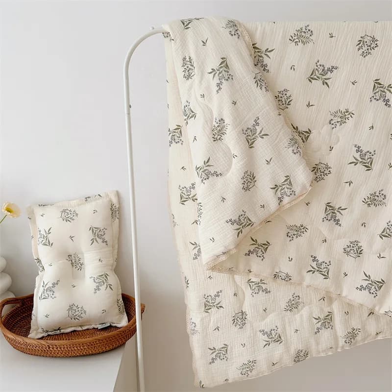 Cotton Muslin Baby Quilt Floral Quilt Blanket Baby Crib Quilted Blanket 47" x59"