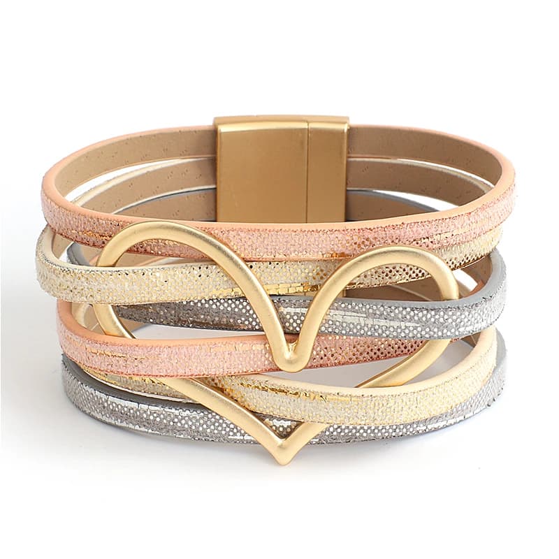 ALLYES Gold Color Metal Heart Leather Bracelets for Women Charm Multilayer Wide Wrap Bracelet & Bangle Female Jewelry Gifts