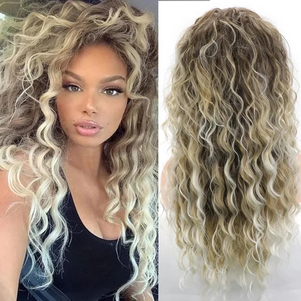 MSIWIGS Blonde Wig Synthetic Long Curly Hair Wigs for Women Fluffy Hairstyle Wave Ombre Wig Costume Carnival Party
