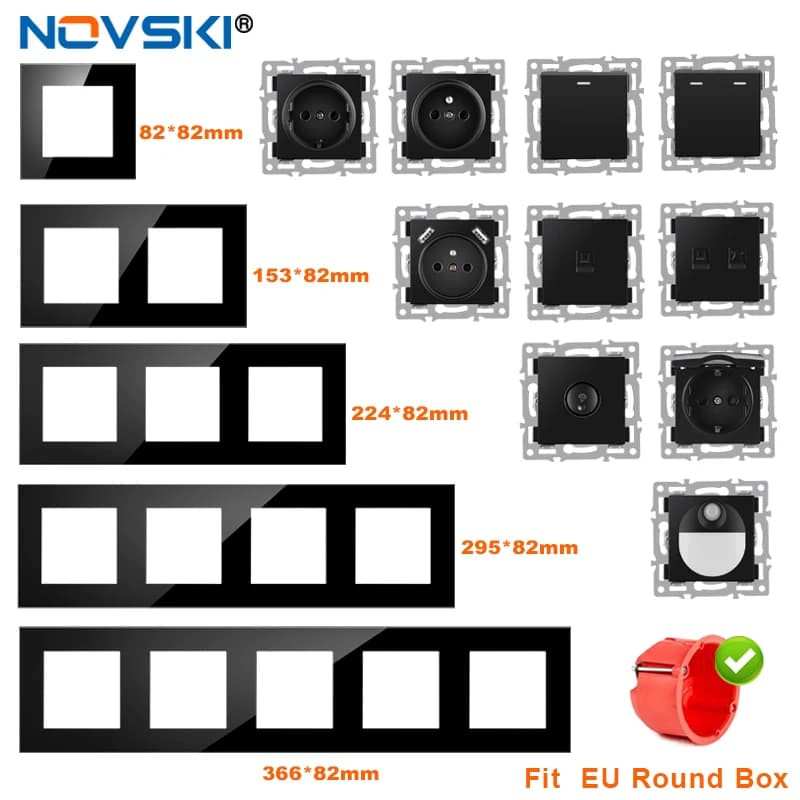 wall-mounted module diy European standard black tempered crystal glass panel socket light switch button function combi