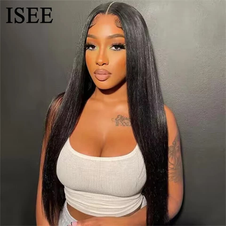 ISEE Hair Pre Bleached Knots Straight Glueless Human Hair Wig Pre Cut PrePlucked Lace Front Wig HD Transparent Wear And Go Wig