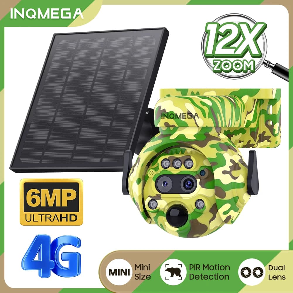 INQMEGA 6MP Camouflage Hunting Solar Camera 12x Zoom WIFI/4G Camouflage Solar Camera PIR Motion Detection Outdoor PTZ Camera
