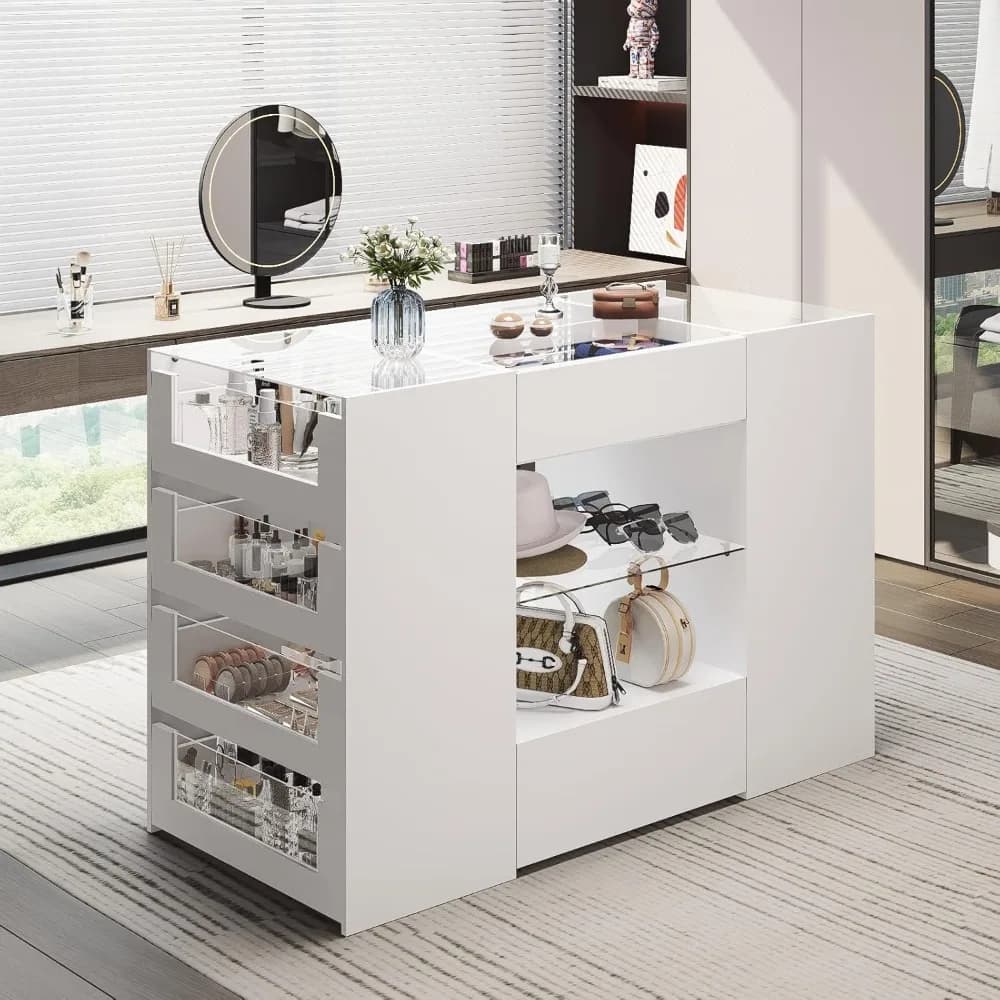Closet Island with Drawers, Wardrobe Armoire Bedroom Island, Glass Display Shelf & 12 Drawers, White Dresser with Glass Top