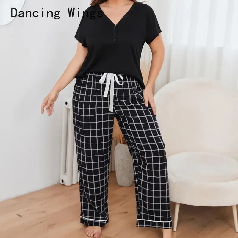 Women's Plus Size Trouser Pajamas Sets for Spring and Summer Short Sleeve Tops with Long Trousers Women's Nightwear Clothes 4XL