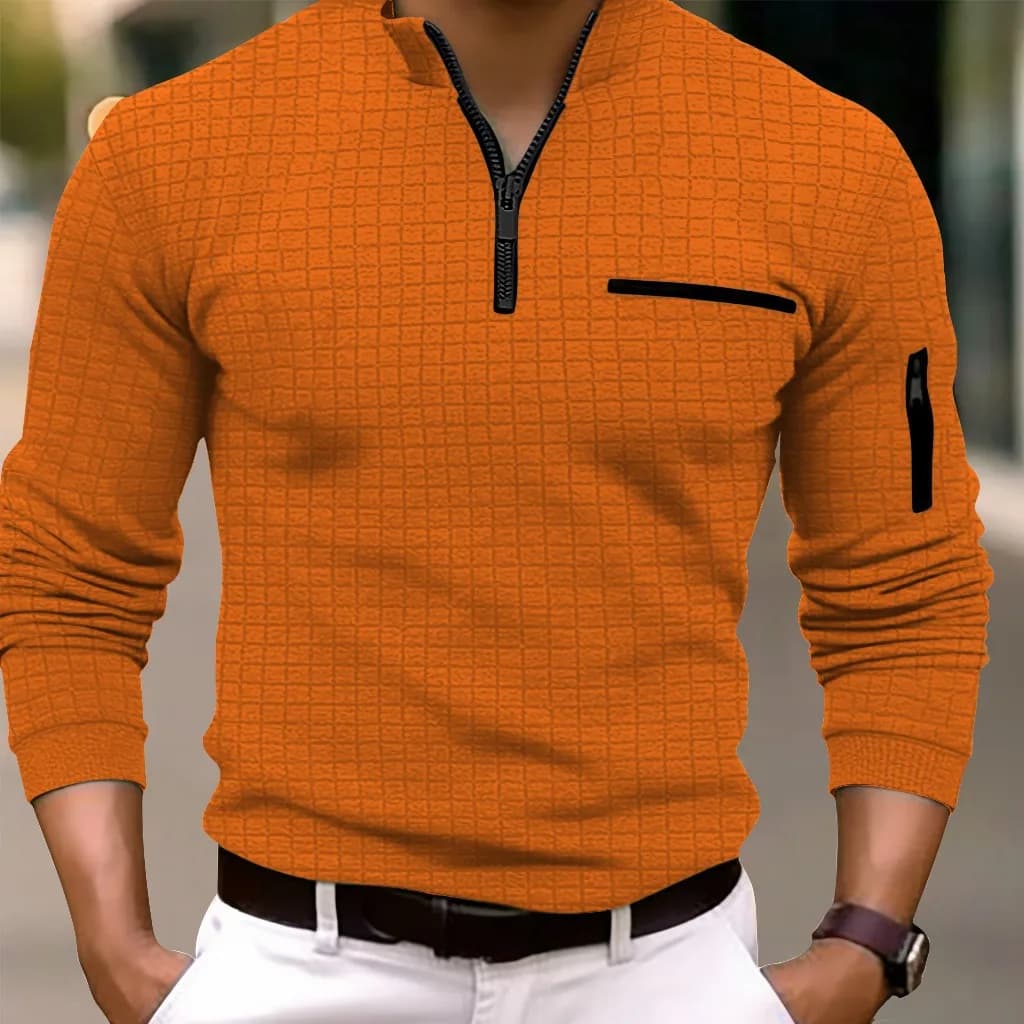 Europe and the United States men's sports casual shirt long sleeve checkerboard checkered POLO shirt slim arm zipper polo shirt