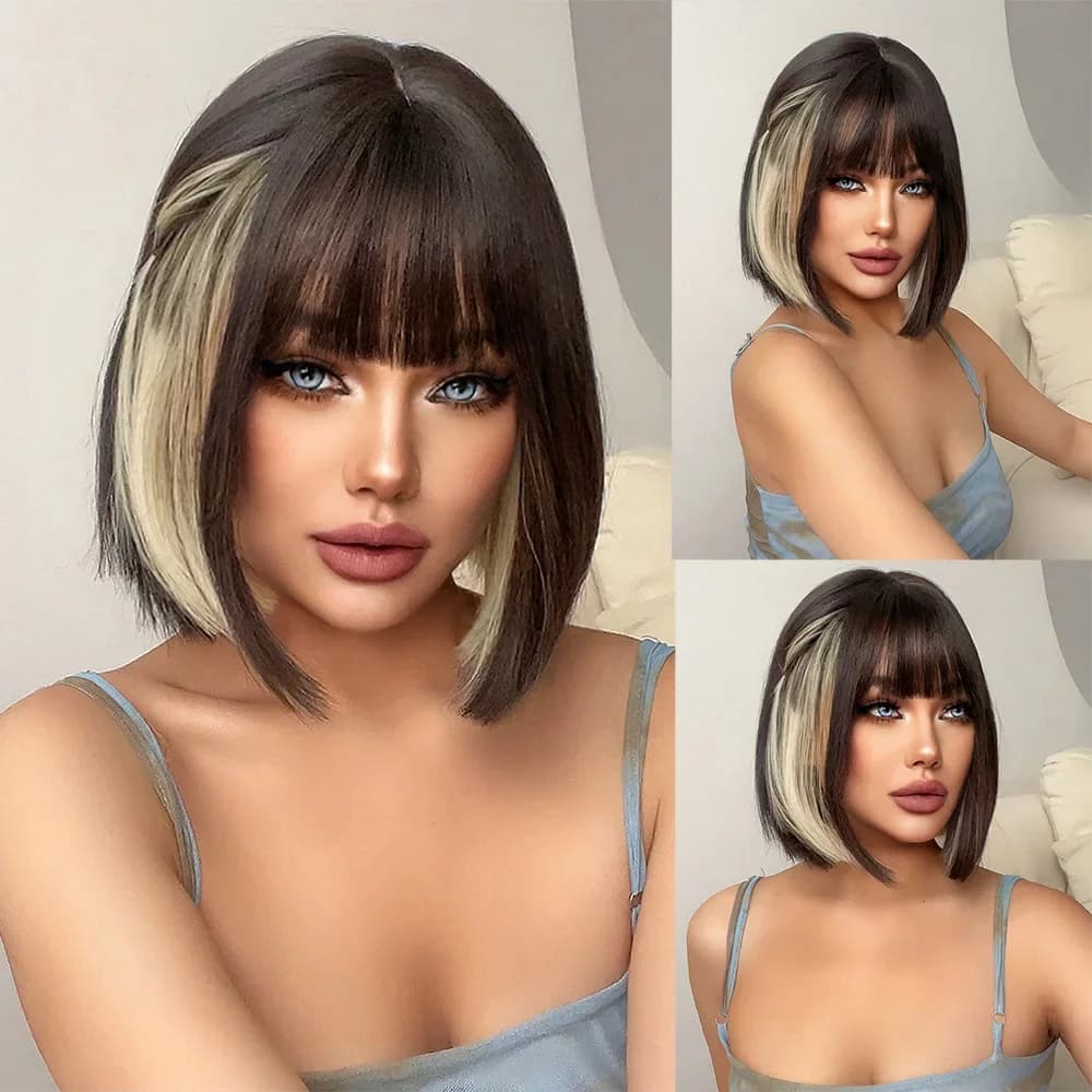 12Inch Black Brown with Honey Blonde Highlights Synthetic Wig With Bang Short Natural Straight Hair Wig For Women Heat Resistant