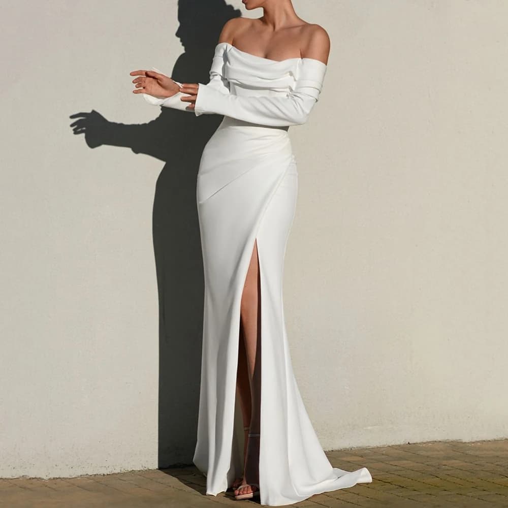 Long Sleeves Off the Shoulder Wedding Dress Boat Neck with Pleat Mermaid Customized Sexy Side Slit Bridal Backless Gowns