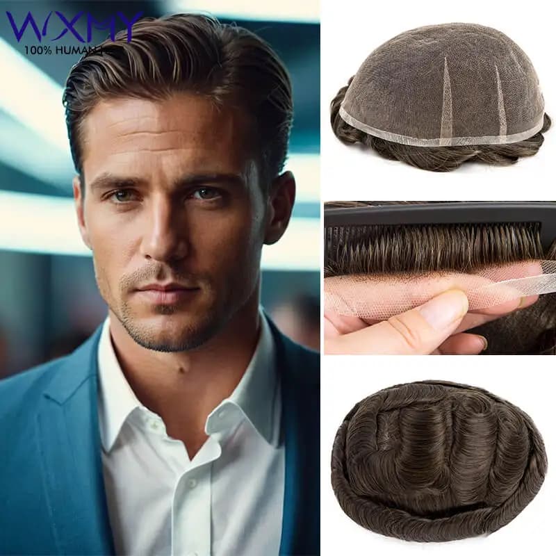 Ultra Delicate AIR-Lace Male Hair Prosthesis Full Lace Base Toupee Man Wig Breathable Natural Human Hair Men's Wig Systems Unit