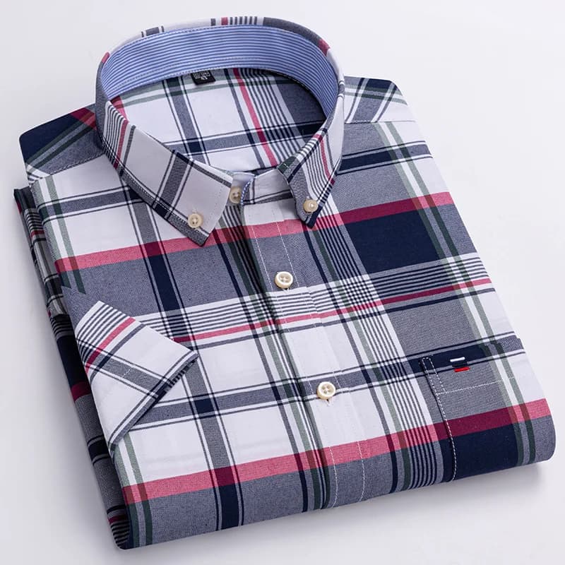 Summer 100% Cotton Oxford Shirt Mens Short Sleeve Pocket Soft Comfortable Regular Fit Business Casual Purple Dress Shirts Men