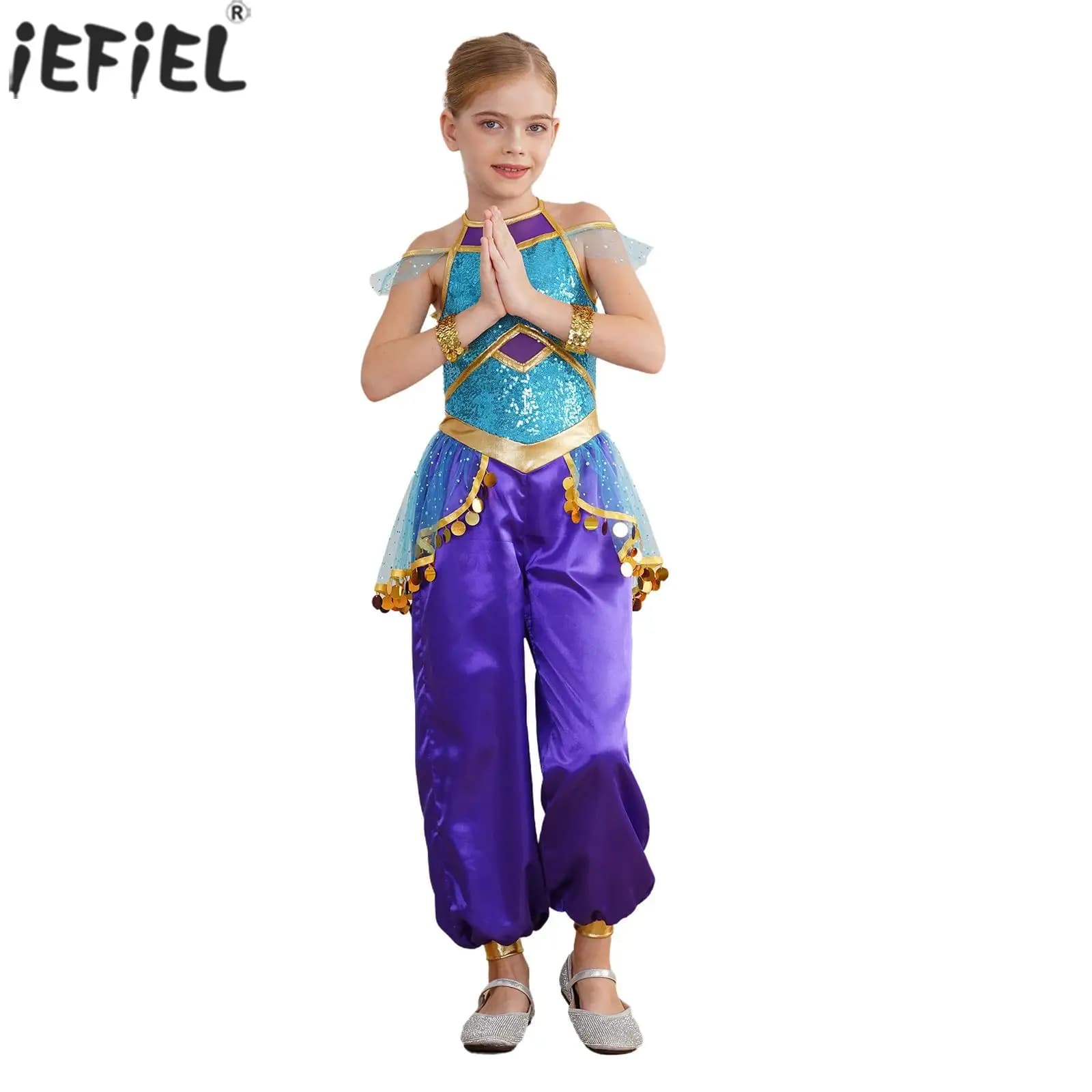 Kids Girls Halloween Arabian Princess Costume Sleeveless Tulle Sequin Bodysuit Belly Dance Carnival Theme Party Cosplay Dress Up