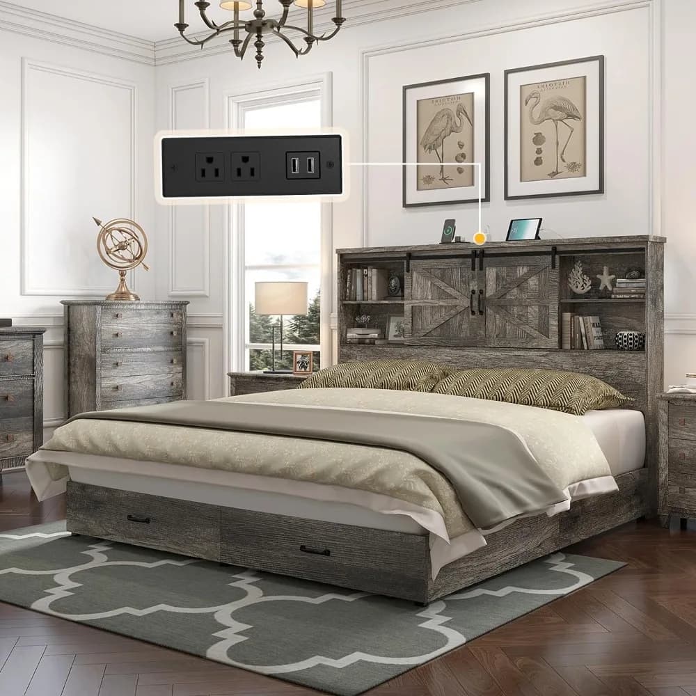 King Size Wood Platform Bed Frame w 51.2" Bookcase Headboard, Storage Bed w Sliding Barn Door Charging Station 2 Drawers