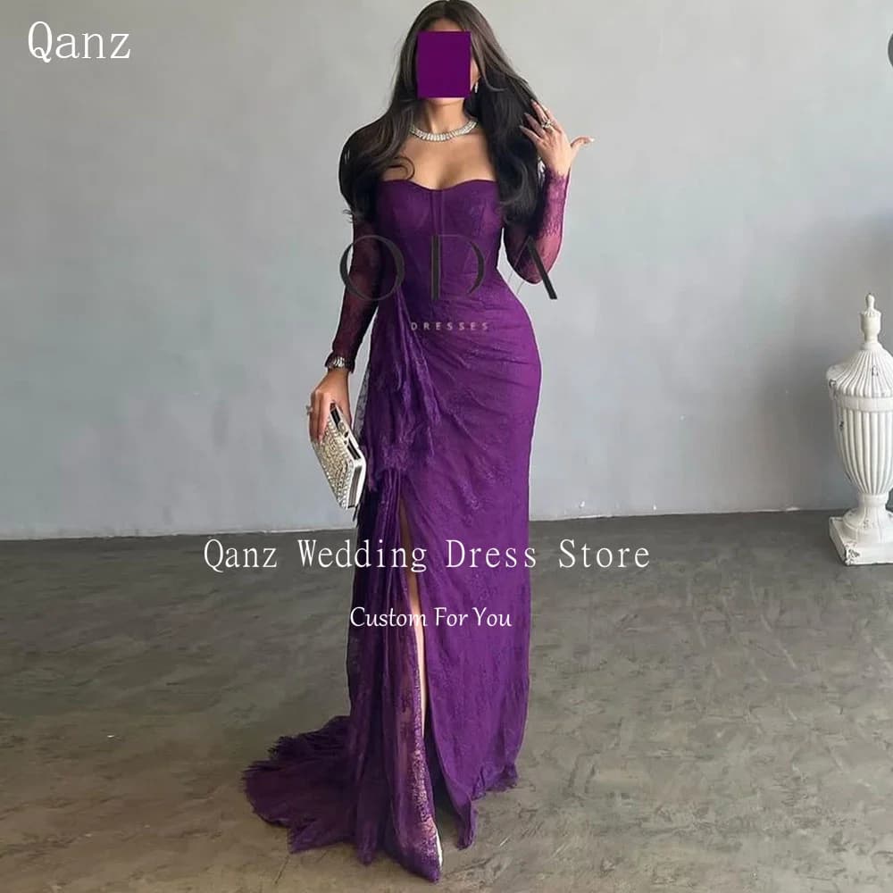 Qanz Saudi Arabia Evening Dresses Purple Lace High Slit Mermaid Formal Occasion Dresses Vestido Elegante Mujer Customized