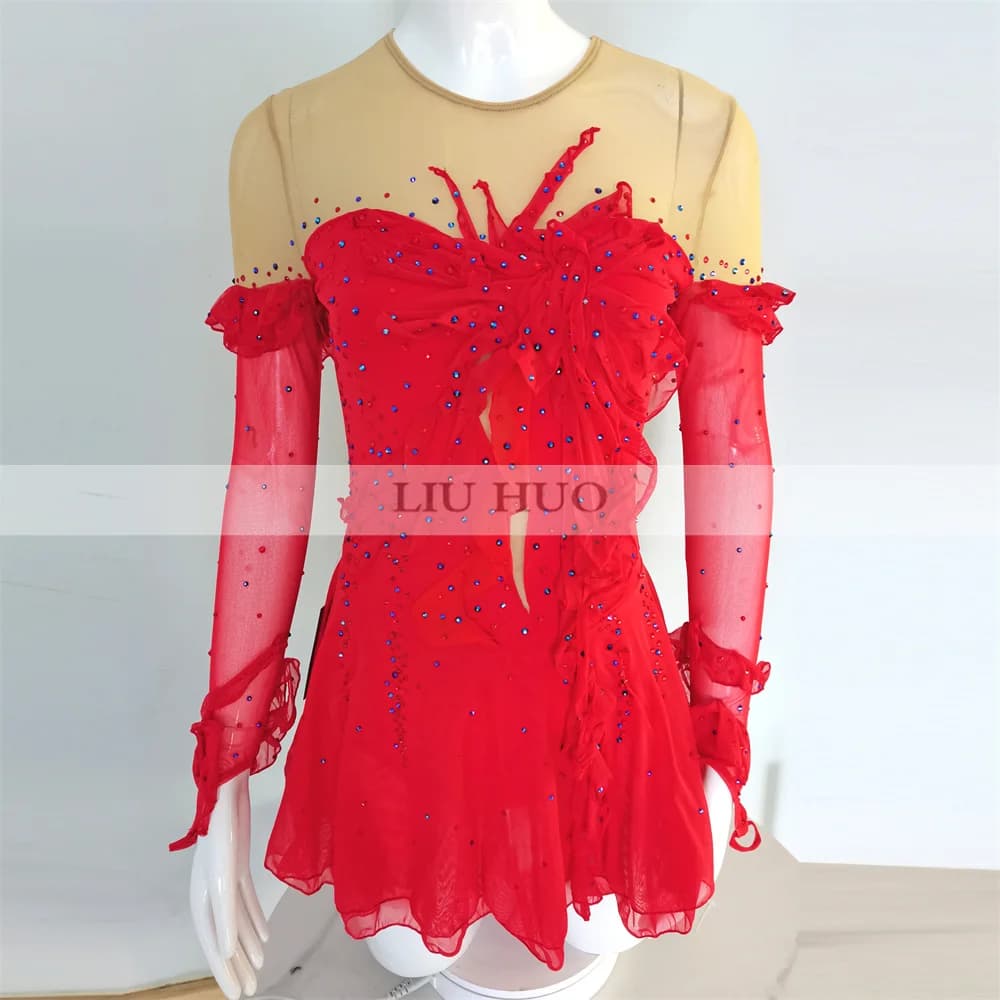 LIUHUO Ice Dance Figure Skating Dress Women Girl Teen Customize Costume Performance Competition Leotard Roller  Red Long Sleeves