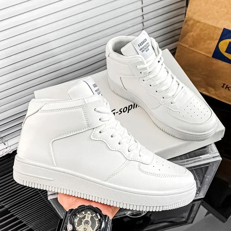 Men's High-top Casual Shoes Leather Breathable Thick Sole Comfortable Men's Sneakers Fashion White Black Student Casual Shoes