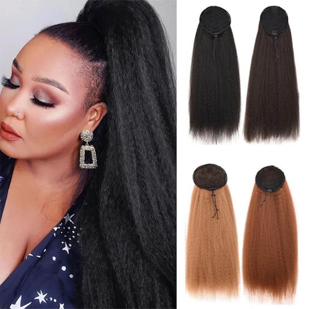 Yaki Straight Ponytail Extension for Black Women, 60CM Black Fluffy Thick Synthetic Yaki Ponytails, Drawstring Yaki Ponytail