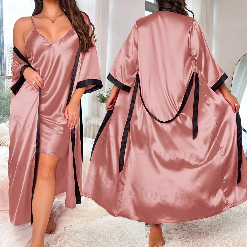Big Size 3Xl 4Xl 5Xl Nighty&robe Set Loose Nightgown Women Satin Homewear Sexy Chemise Sleepwear Lingerie 2Pcs Kimono Bathrobe
