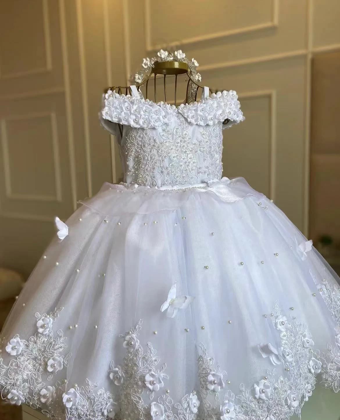 Flower Girl Dress For Wedding White 3D Butterfly Tulle Pearls Sleeveless With Bow Kids Birthday Party First Communion Ball Gowns