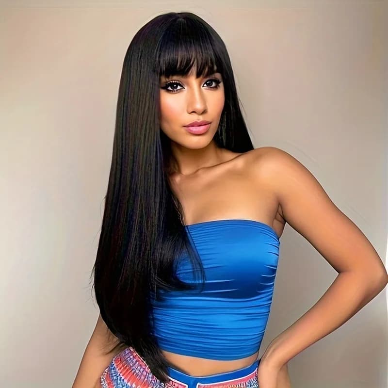 Fashion high temperature silk synthetic fiber wig female long straight hair black air bangs mechanism full head wig